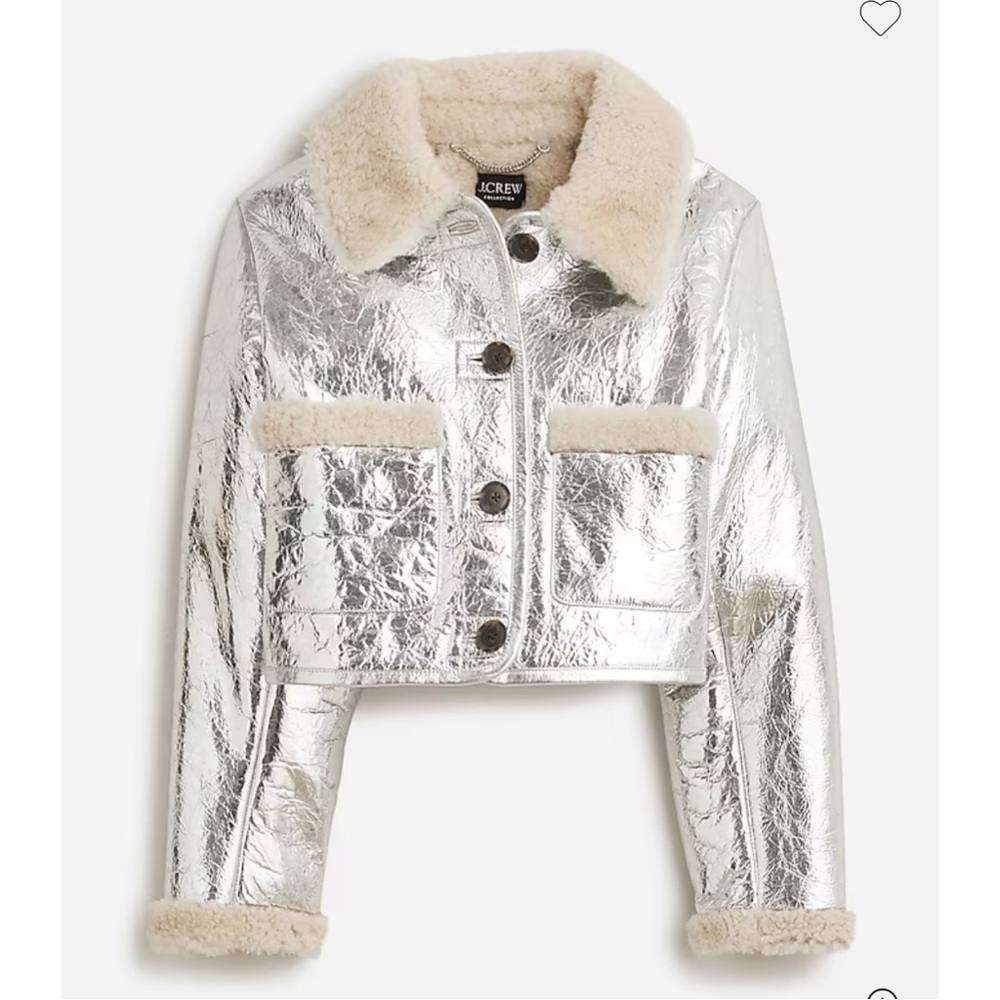 J. Crew Limited Edition Silver Metallic Cropped Leather and Shearling Jacket